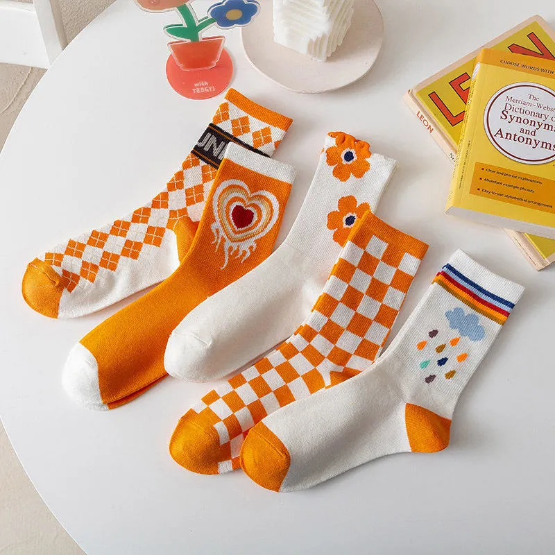 Cartoon Pattern Socks Pure Cotton School Orange Series Socks