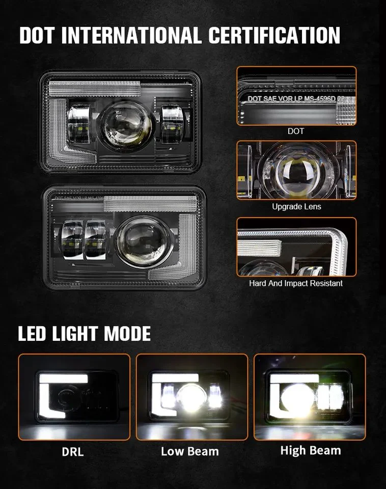 Sistema de iluminación automática de alta calidad LED de 4x6 pulgadas cuadradas de Faros Faros de alta, baja 54W DRL Faro de Kenworth