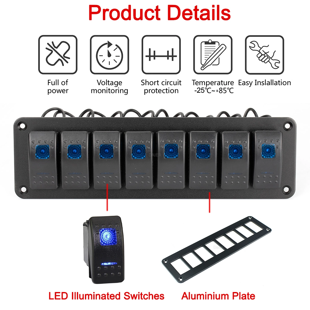 Pista 8 Panel de interruptores de Marina Spst 12V de la luz del LED azul Panel de interruptores de barco resistente al agua para el alquiler de vehículos caravana de camiones de RV Marina