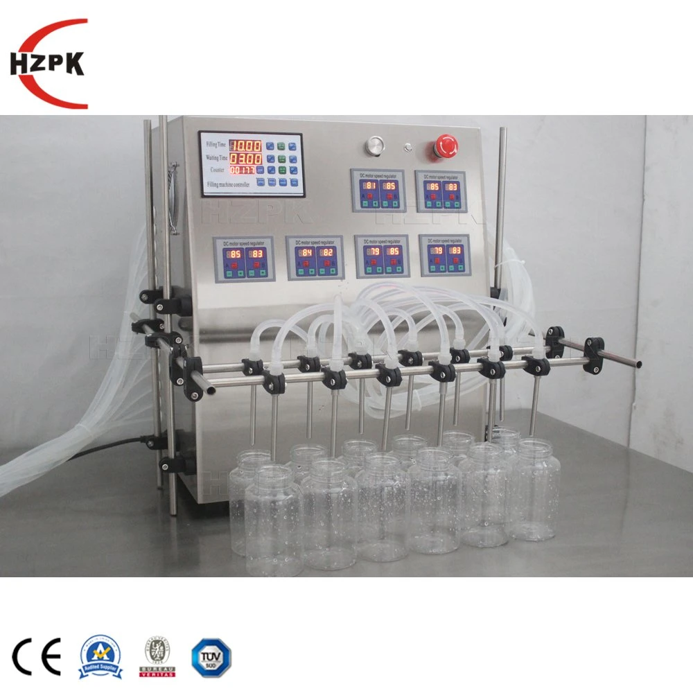 Hzpk Electric Small Scale Bottle Water Liquid Filling Machine 12 Nozzle