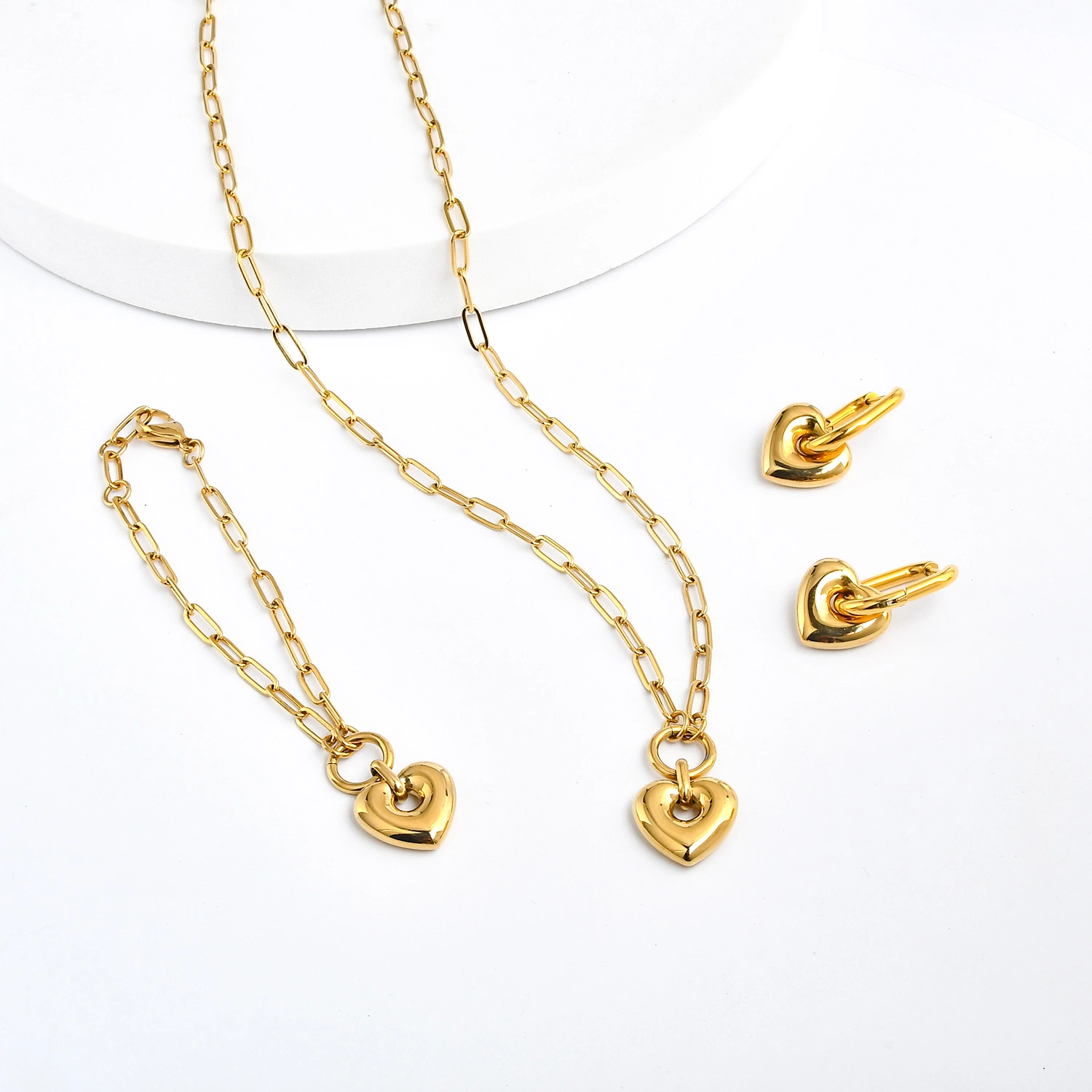 18K Real Gold Plated Stainless Steel Heart Pendant Valentines' Jewelry Set as Gift for Her