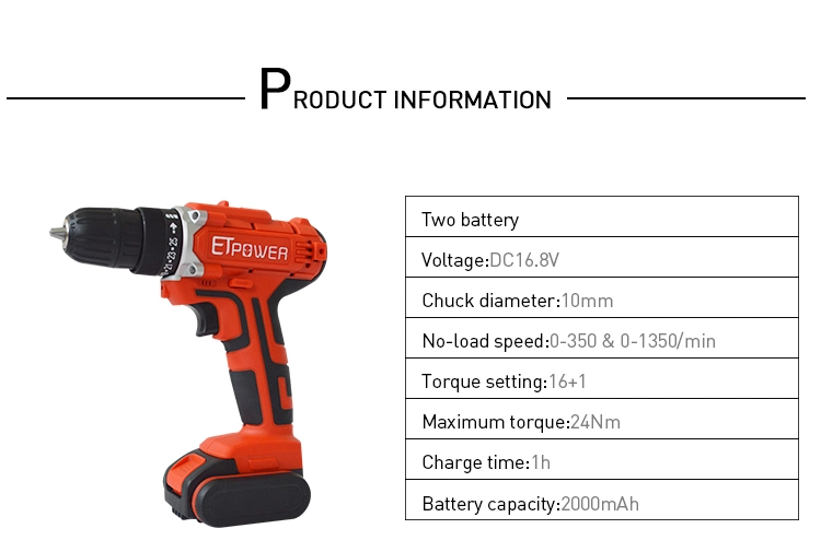 Etpower 16,8V Bateria Li-ion Cordless Berbequim broca elétrica 10mm fendas aparafusadora sem fio