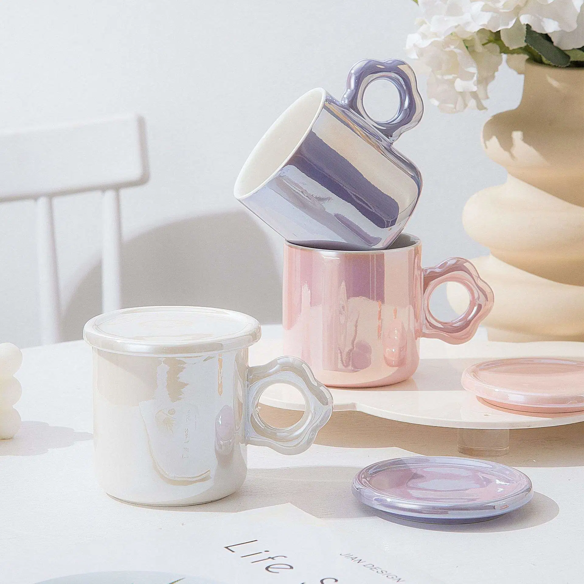 Nordic Ins Style Flower Mug Creative Novelty Cup and Saucer Lid Coffee Mug Ceramic Mug Set