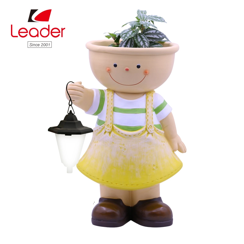 Big Cool Kid Girl with Lantern Flowerpot for Home and Garden Decor