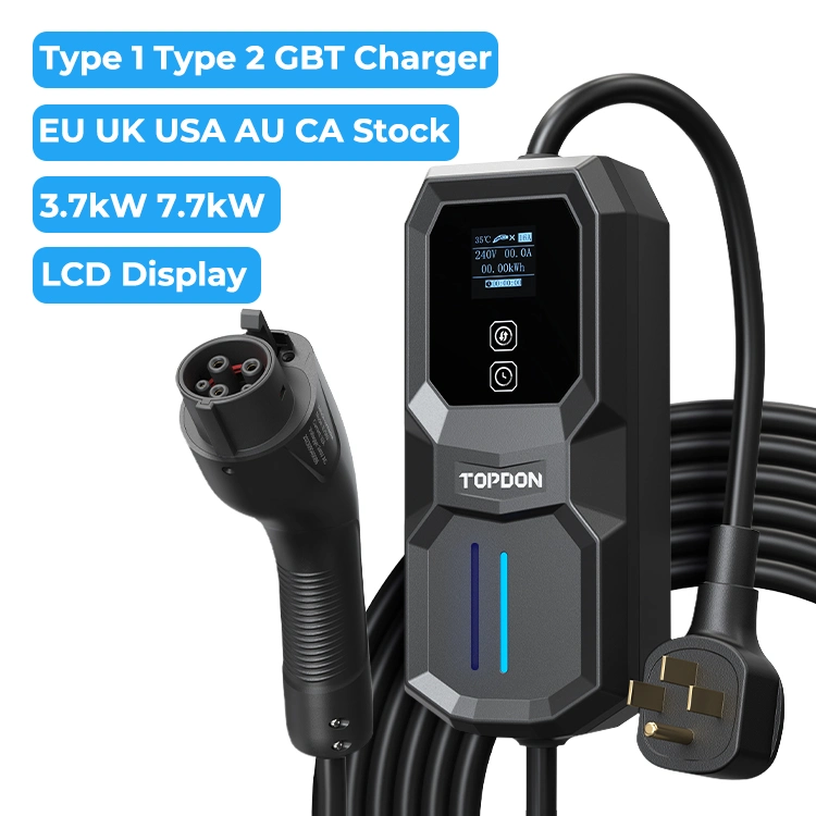 Topdon fabricante eu UK USA Stock Pulseq AC Portable 3.7kw 7.7kw tipo 2 1 visor LCD 16A 32A nível 2 1 carregador de EV portátil para estação de carregamento rápido para automóvel elétrico