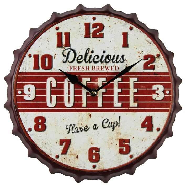 Delicious coffee Wall Decor Fashion Beer Bottle Cap Iron Advertise Promotional Wall Clock Antique Style Cheap Metal Wall Clocks Quartz