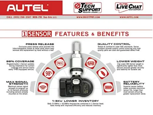 Autel mx 2en1 du capteur de capteur TPMS tige métallique programmable 315MHz 433MHz Moniteur Appuyez sur la pression des pneus OEM dans 1-Capteur de TS401 TS408 TS501 TS508 TS TS601