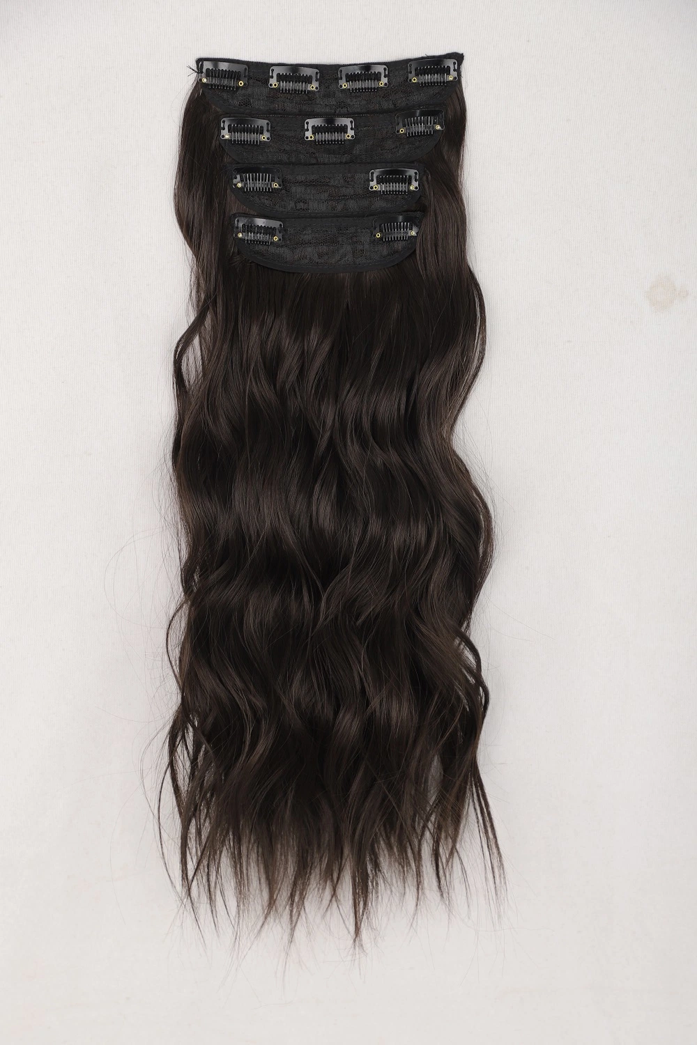 Long de haute qualité WAVY Noir 11 clips Hairpiece synthétique 4 pièces en bon marché d'extension perruque de cheveux