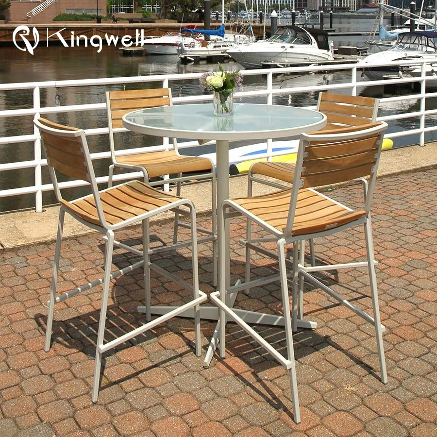 Teak Wood Bar Table High Chairs with Clean Glass on Top