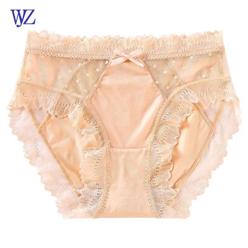 Nylon Luxury Full Voile Bow Transparent Mature Ladies Lace Panties Underwear Lingerie