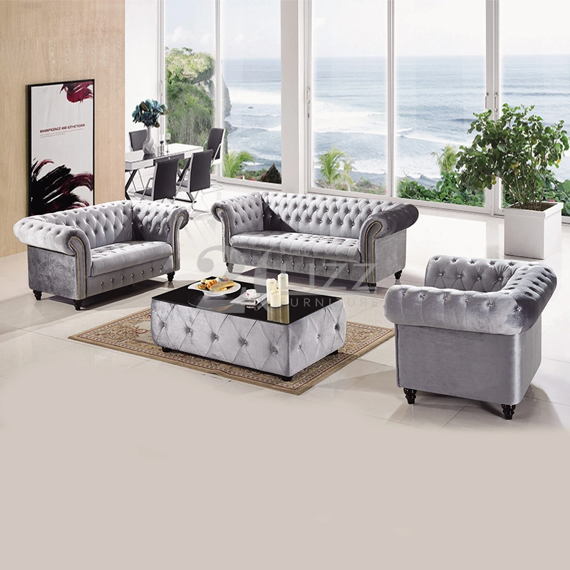 Canadá Promoción Chesterfield Muebles de salón sofá de tela de terciopelo de Ocio
