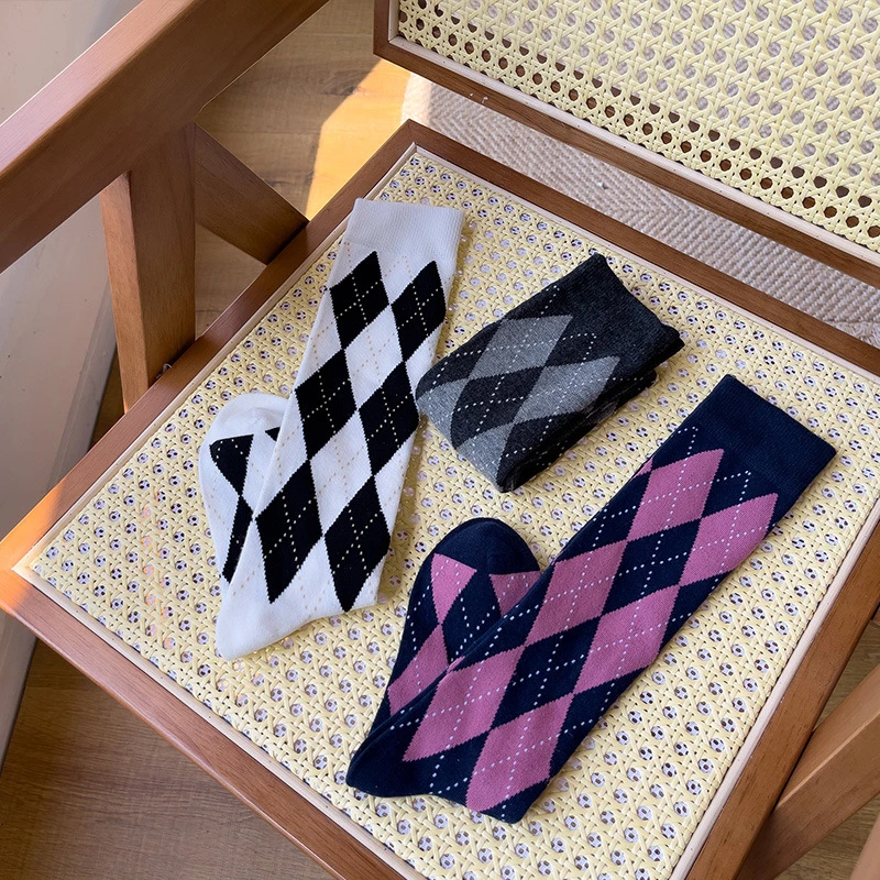 Black and White Diamond Check Calf Japanese College High Suit Retro British Long Tube Knee Socks