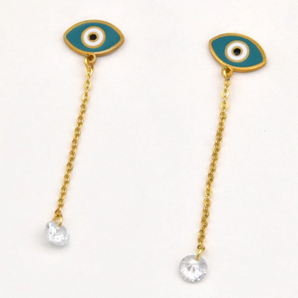 Gold Plated Turkish Evil Eye Drop Stud Earrings for Women