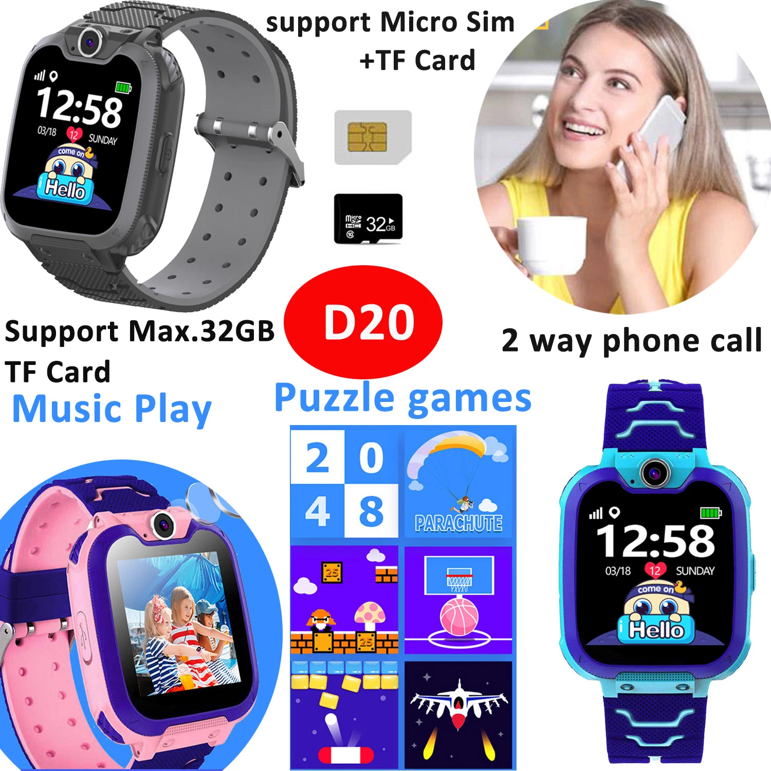 New Developed 2G IP67 Waterproof Child Toy Smartwatch with 7 Games Support SD Card D20