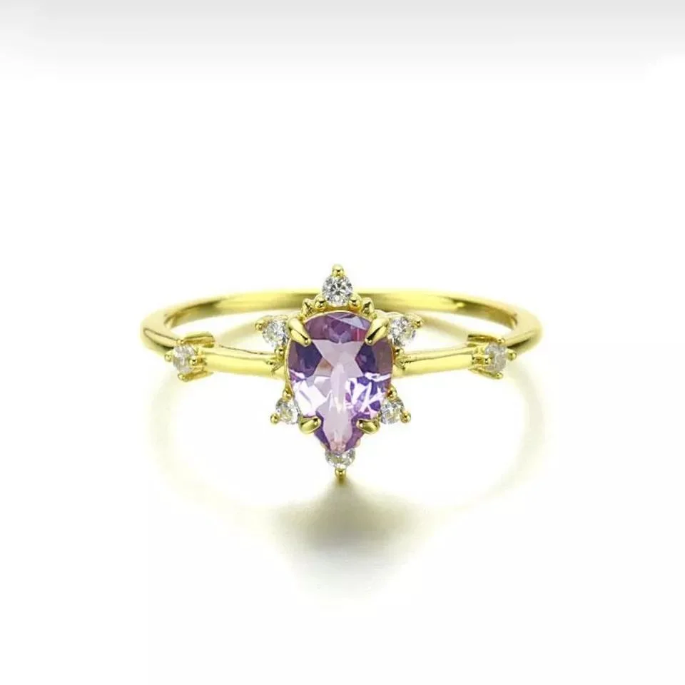 Peishang Brand Sterling Silver 925 Gold Plated Purple Crystal Ring Natural Stone Amethyst Rings Jewelry