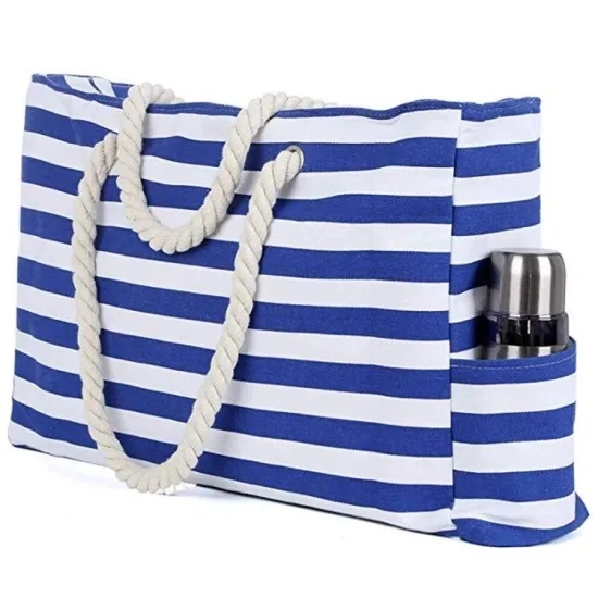 Large Beach Bag Waterproof Canvas Beach Tote with Top Zipper-6 Pockets