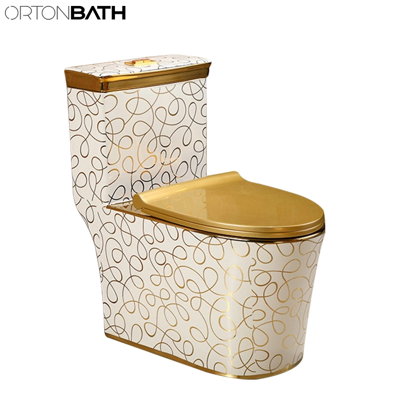 Ortonbath Water Saving Electroplating Wash Down Gold Bathroom Commode Set Floor Standing One Wc Toilet with Seat Cover Bowl Accessories