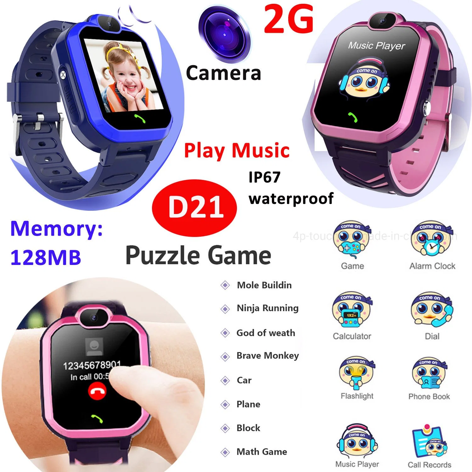 IP67 Waterproof GSM Child Kids Smart Game Watches Phone with Sos Camera Touch Screen D21