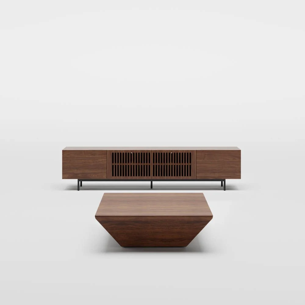 MID-Century Solid Wood Living Room Set, Walnut Veneer, 94.5" TV Console + 39.4" Coffee Table