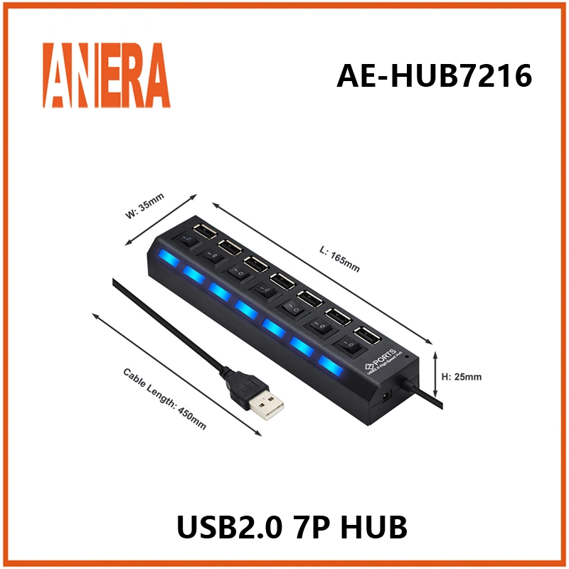 Anera Hub USB 2.0 à 7 ports mince et léger avec interrupteur individuel et câble de 45 cm, idéal pour ordinateur portable et PC.