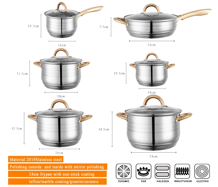 Juego de utensilios de cocina de 6 piezas para inducción de acero inoxidable, multicelda, resistente al horno, plata