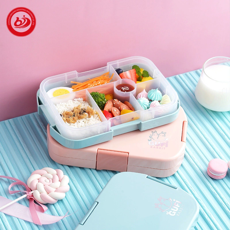 6-compartimiento Bento Lunch Box portátil de plástico a prueba de fugas niños Dinnerware Establece forma cuadrada comer durante toda la temporada