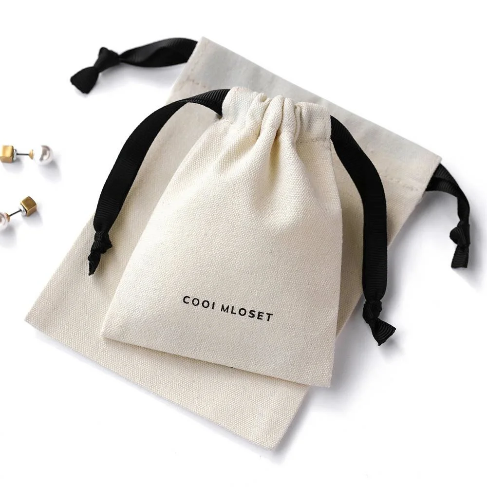 Custom White Canvas Jewelry Packaging Bag Mini Dust Gift Bag Ribbon String Pouch