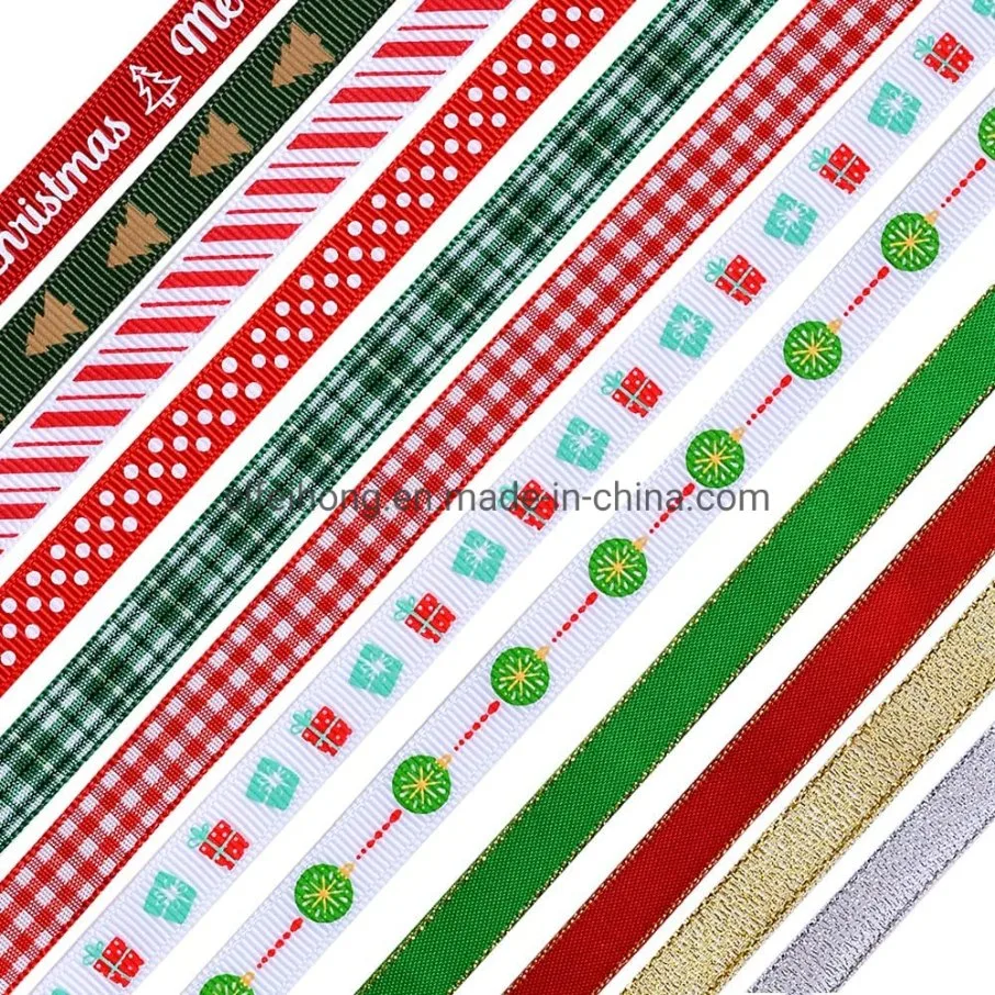 Mayorista de fábrica de cinta de satén impresos para decoración de Navidad Caja de regalo de color rojo, verde y envoltura de embalaje