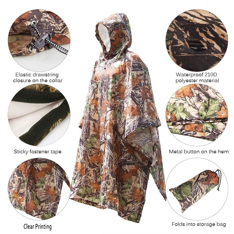 3 en 1 Senderismo Poncho capa de lluvia Mochila lona impermeable con capucha Poncho caza Camping al aire libre Tienda toldo estera de la vivienda