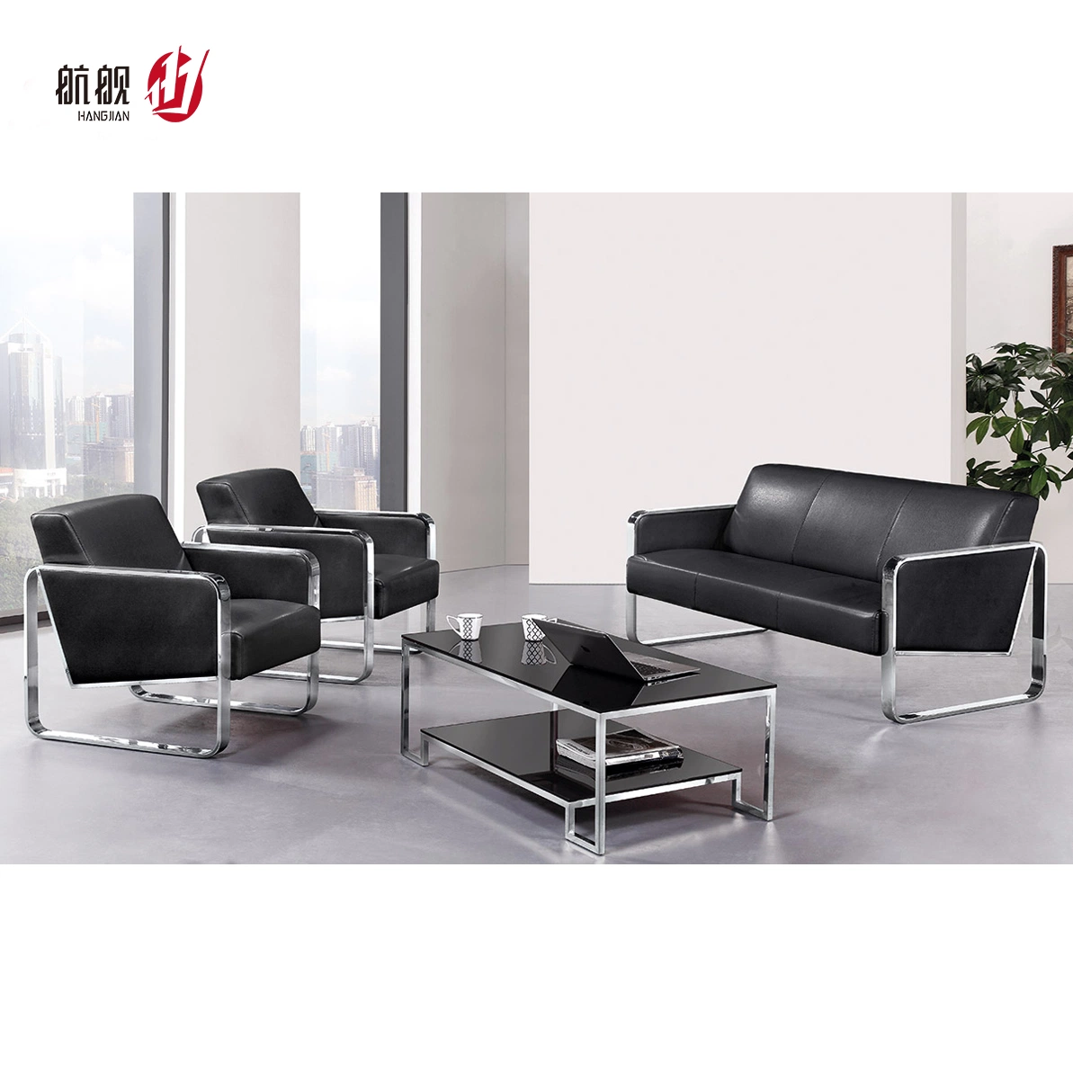 1+1+3 Seater Leather Waiting Sofa for Office Seating with Chrome Fixed Base