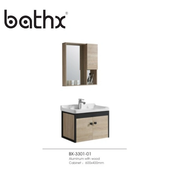 Europe Style Bathroom Cabinet Set Modern Wash Basin Wall Mounted Aluminum Wood Grain Cabinet with Mirror for India