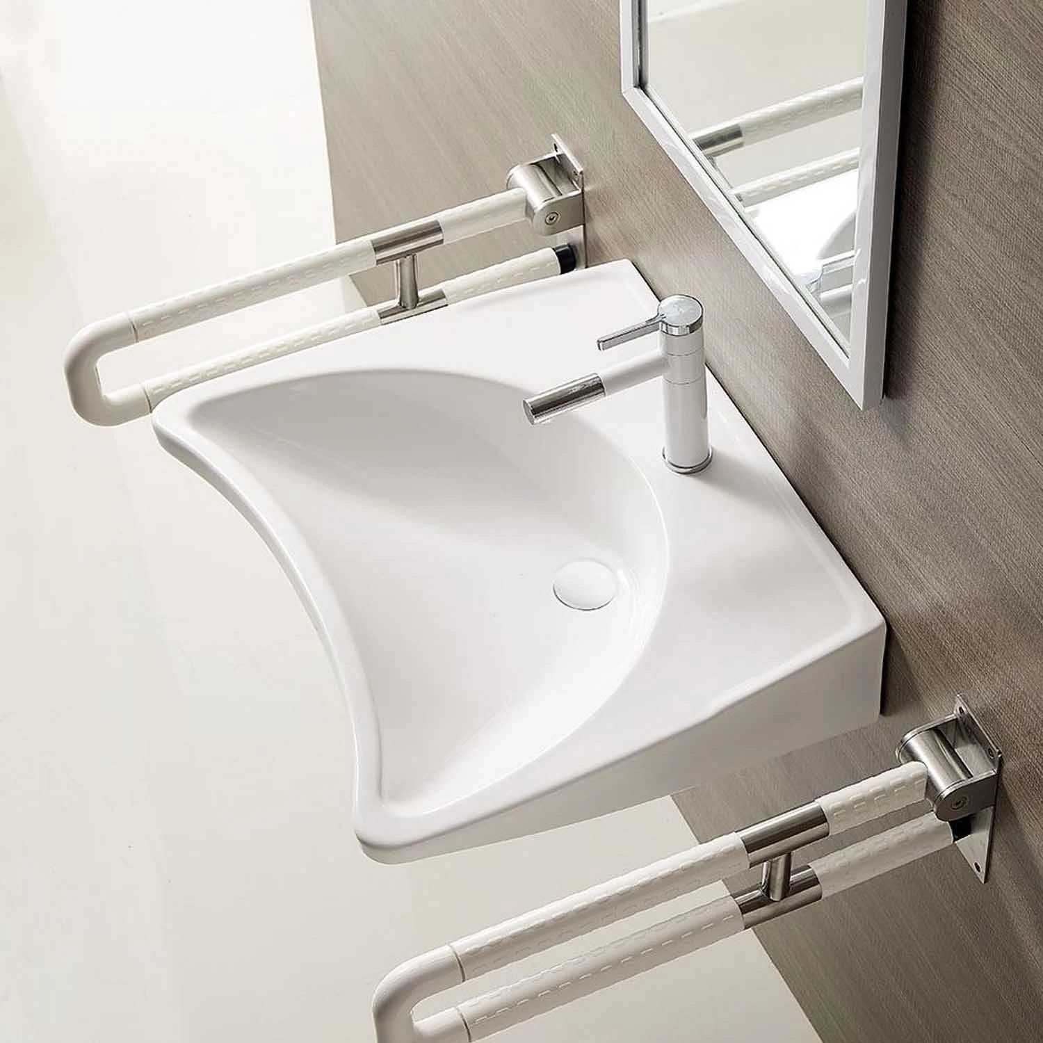 Ada-konforme Keramik Grade-A Behinderte Lavatory Badezimmer Weiß rechteckige Wand Mount Rollstuhl Barrierefrei Handgefertigte Wand-Hängende Waschbecken