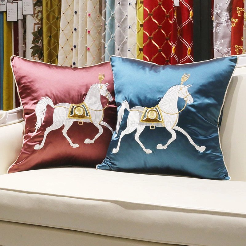 Hotel Supply Sofa Embroidery Horse Light Blue Decorate Throw Pillow Covers