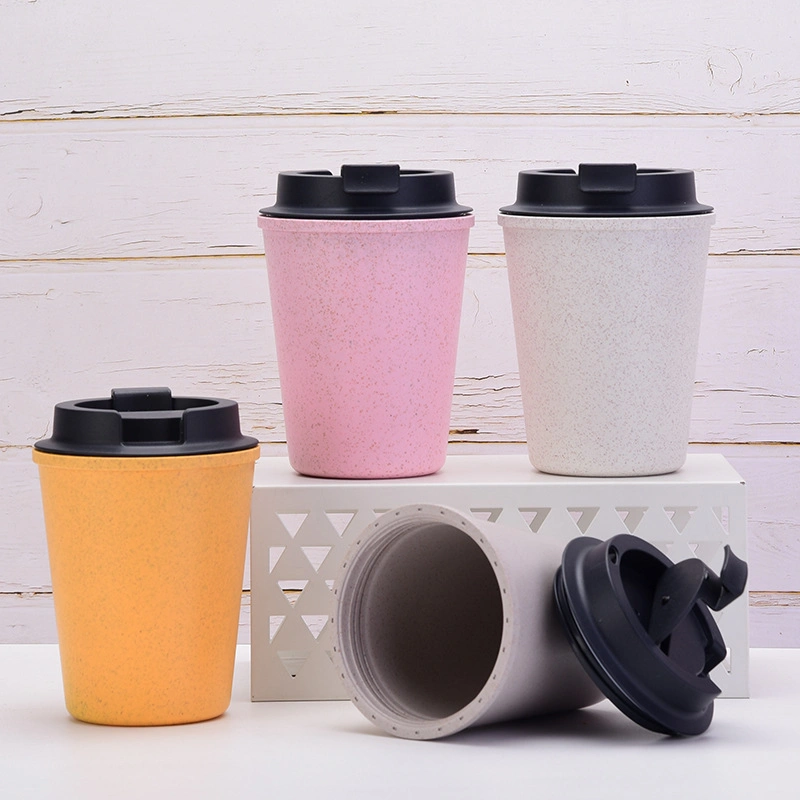 350 ml, parede dupla personalizável reutilizável, sem BPA, palha de trigo para viagem Caneca de copo de café em plástico