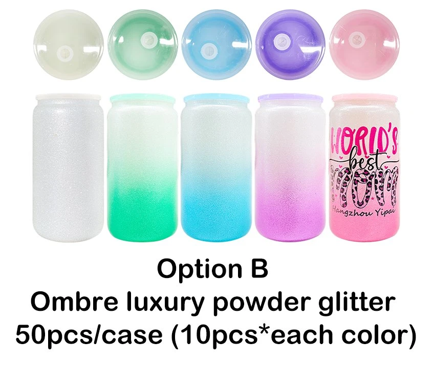 16oz USA Warehouse Blank Sublimation Rough Glitter Powder Coated Glass Can with Plastic Lid and Straw