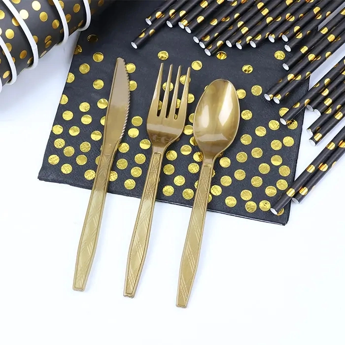 Black Printed Gold DOT Foil Dinnerware Dessert Dinner Paper Plates in Bulk