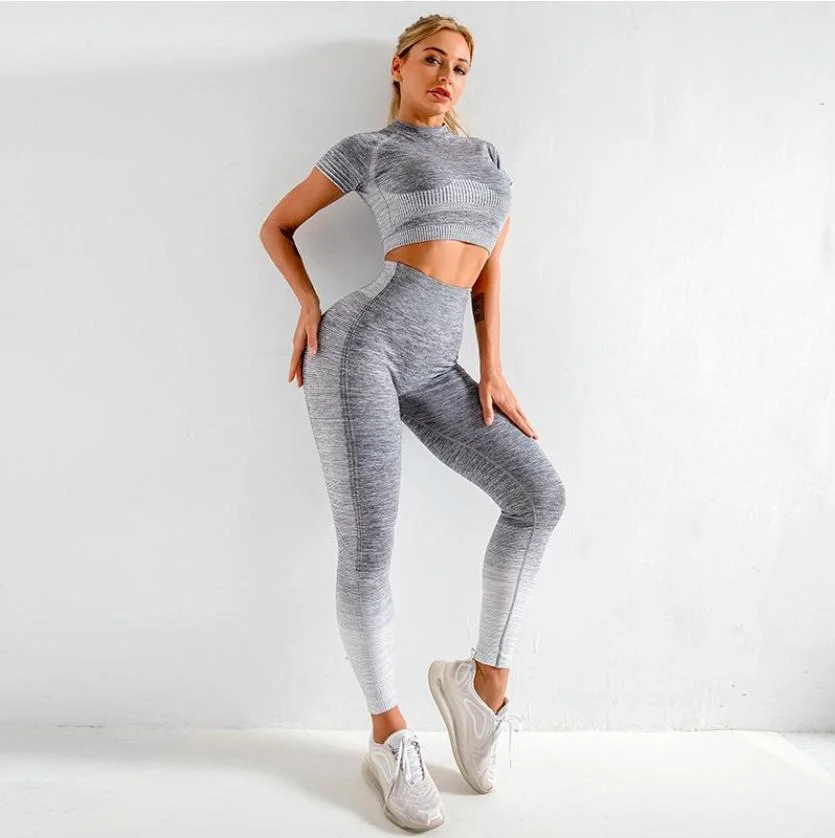 Ladies 2PCS Tracksuits Women Hot Sexy Gym Outfits Bodybuilding Sportwear Sweatsuits Seamless Sports Bra Long Sleeves Top Athletic Shorts Booty Legging Yoga Wear