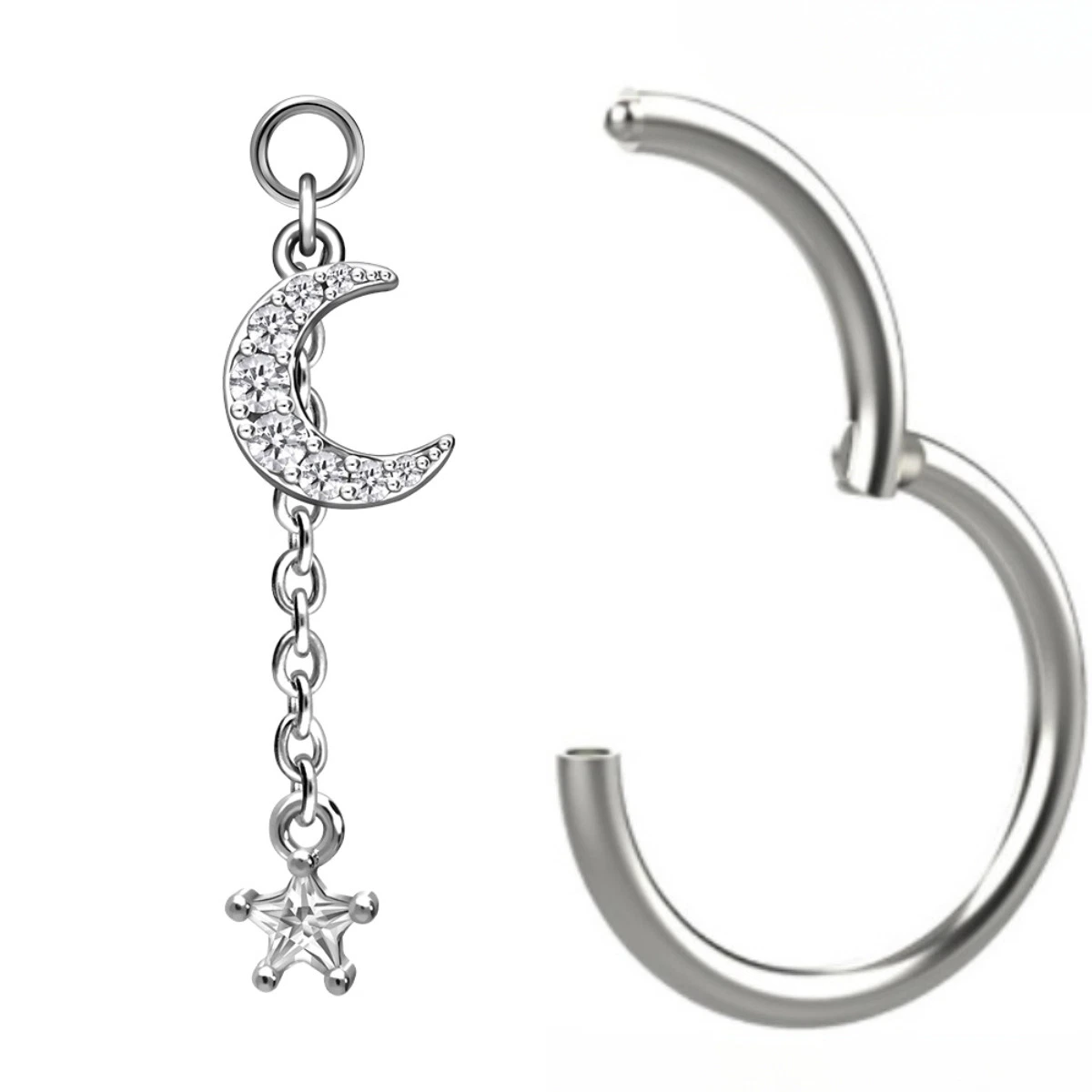 Crystal Moon + Crystal Star Surgical Steel Pendant for Ring Hoop Clicker