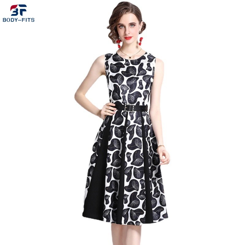 2023 Sweet Beauty Dress Round Neck Sleeveless Fashion Jacquard Black MID-Length Dress