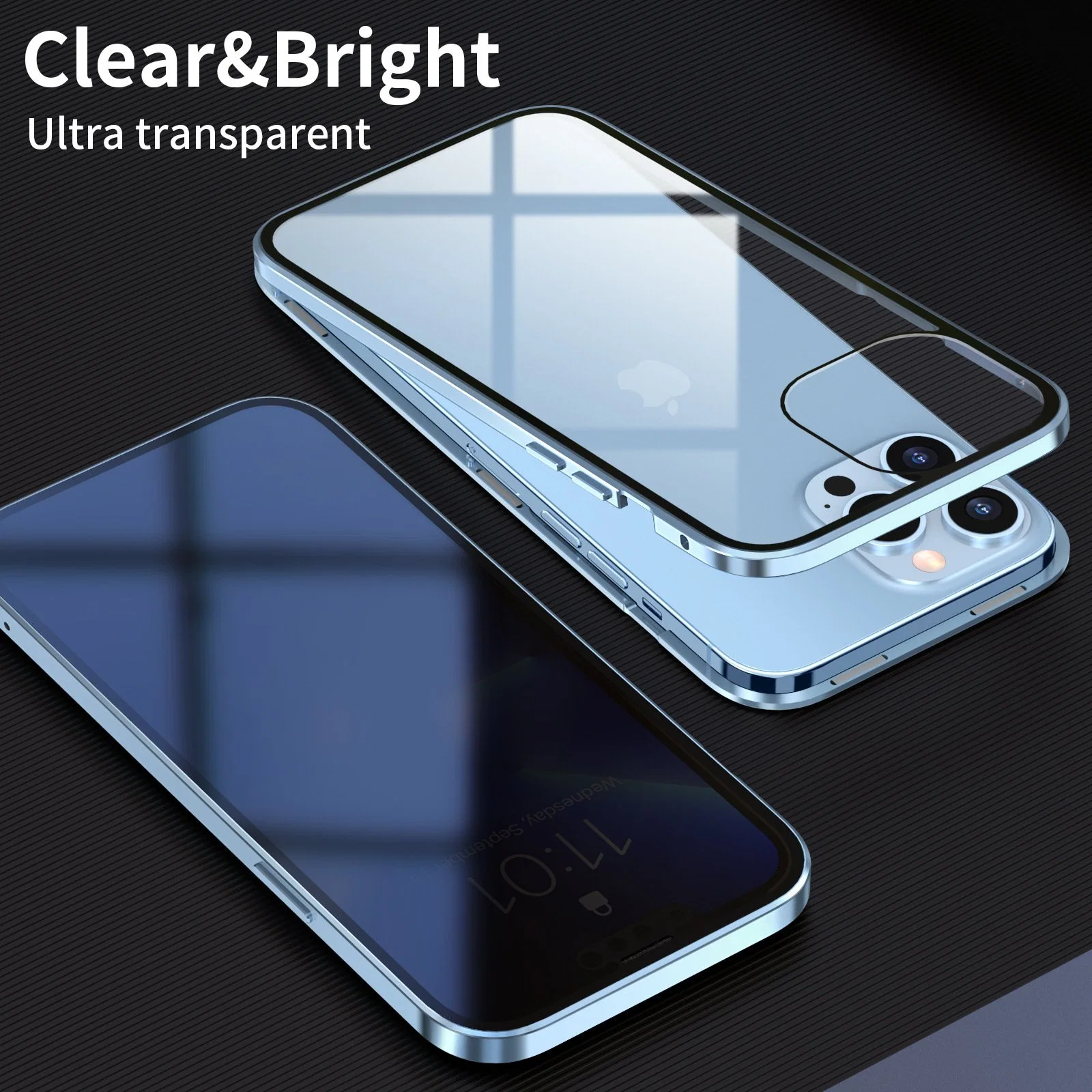 Transparent Strong Magnetic Flip Glass Mobile Phone Cover with Metal Bumper for iPhone 11/12/13/14 PRO Max