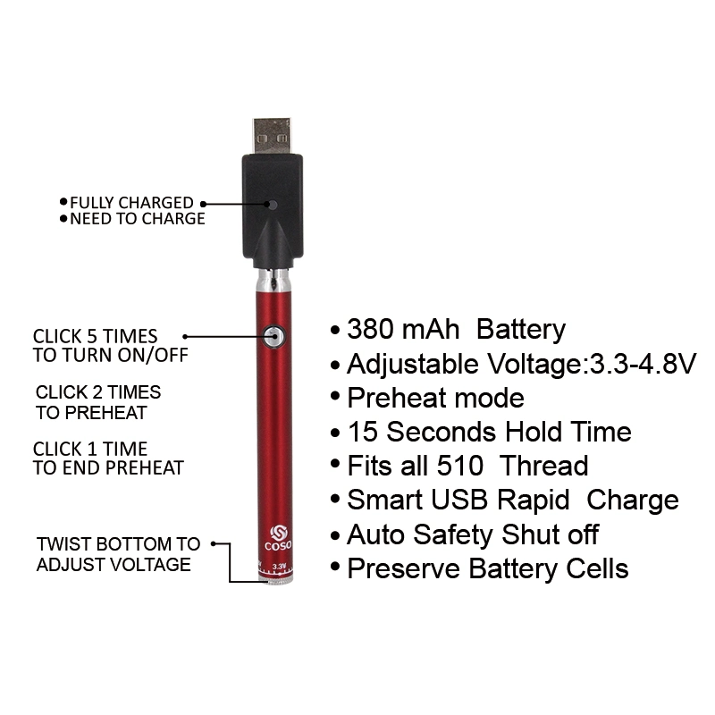 Benutzerdefinierte Dimension Coso Twist Slim 510 Gewinde E-Zigarette Vape Pen Batterie für Zerstäuber/Tank