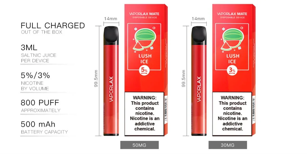 Vape Vaporlax Mate Vape الذي لا يمكن تفعليه، Vape نيكوتين 800puffs سيجارة 20 نكهة اختيارية