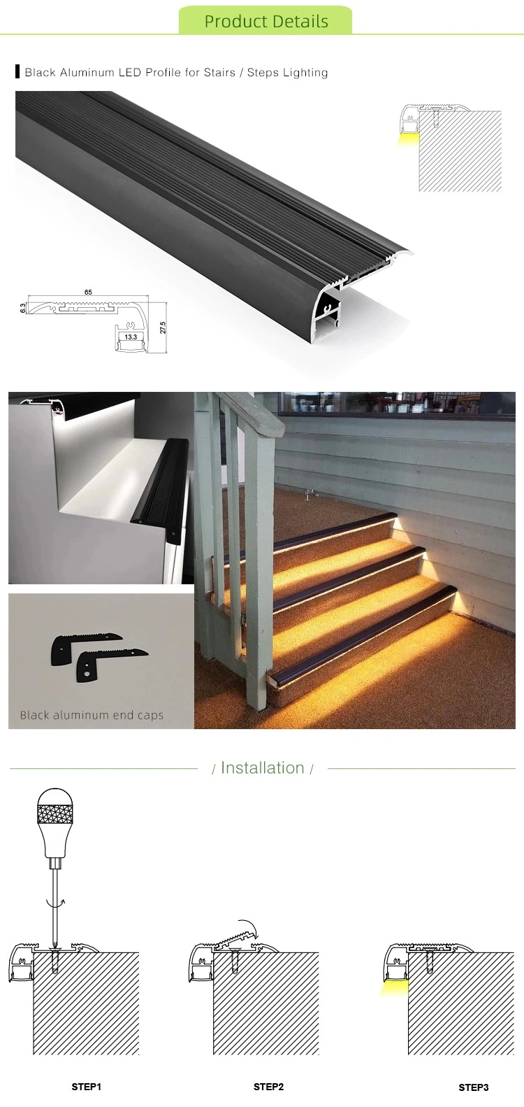 Perfiles de aluminio con LED en el borde de la nariz de la escalera acanalada para iluminación del área de paso.