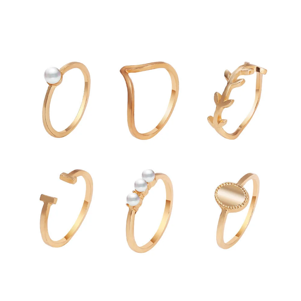 Vintage Leaf Pearl Gold Color Rings Set Fashion Simple Finger Rings Gift