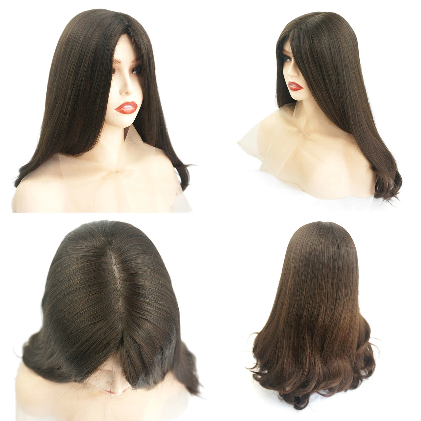 Virgin Hair C18 polegada China Ortodoxa religião cabelo humano para Kosher All Hand Ted Long Silk Top Wig Big Layer Castanho escuro com 1 polegada de tamanho grande de onda de densidade pesada