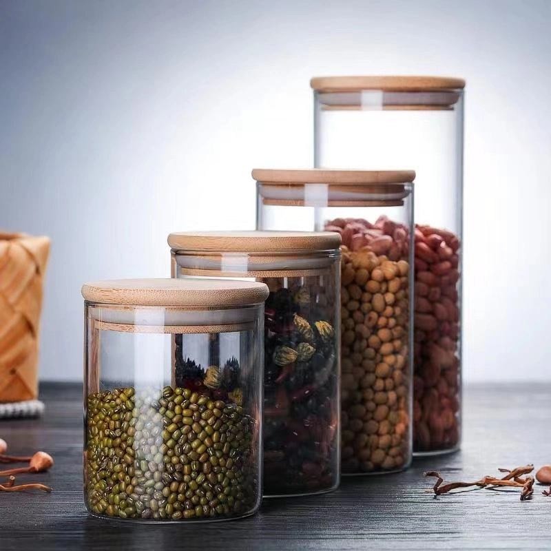 Almacenamiento de vidrio frascos con tapas de bambú claro vidrio de borosilicato de alta cocina comida contenedores herméticos de cereales