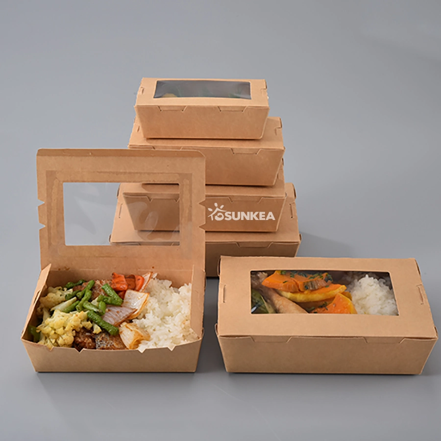 Disposable Tableware Bento Lunch Sandwich Fast Takeaway Packaging Kraft Paper Food Box with Clear Window