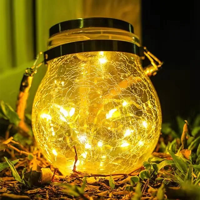 Lampe de bocal en verre fissuré suspendue décorative à énergie solaire, étanche, portable, lumière LED extérieure de jardin.