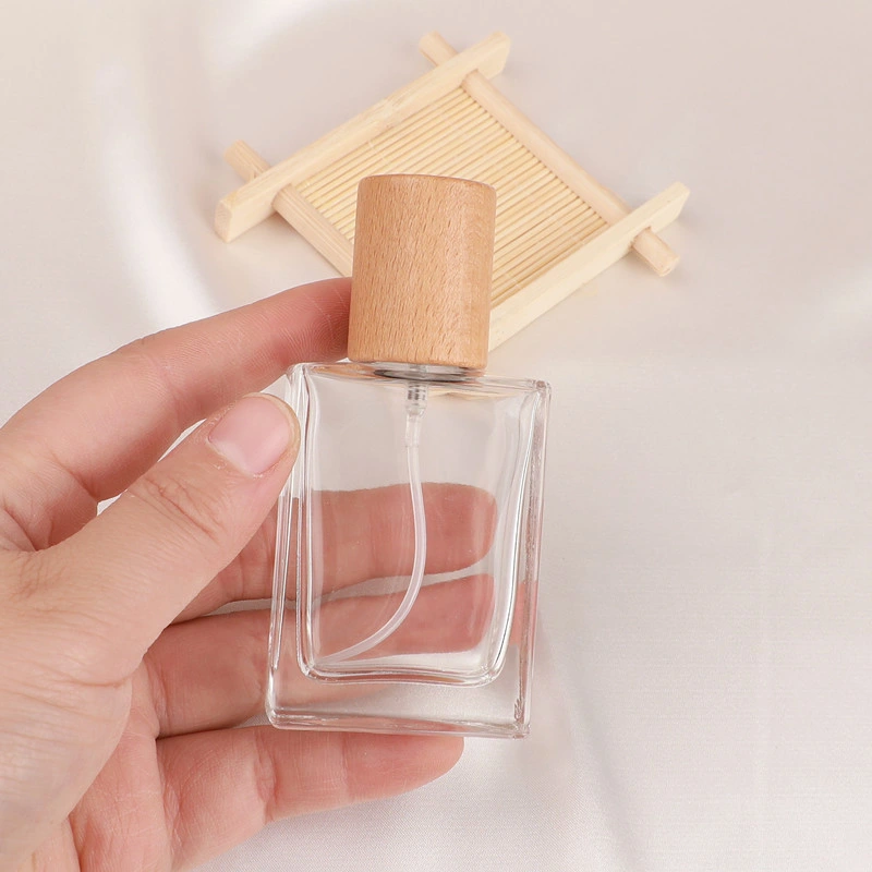 30ml Portable Clear Thick Glass Perfume Spray Bottle Cosmetics Container with Wooden Cap