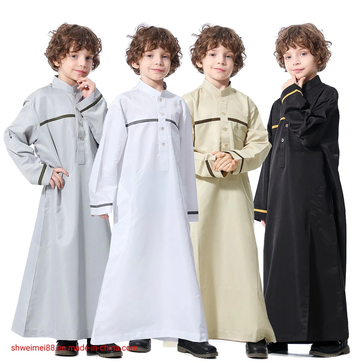 Boy Long Sleeve Stand Collar Robe Arabian Muslim Ethnic Thobe Costume